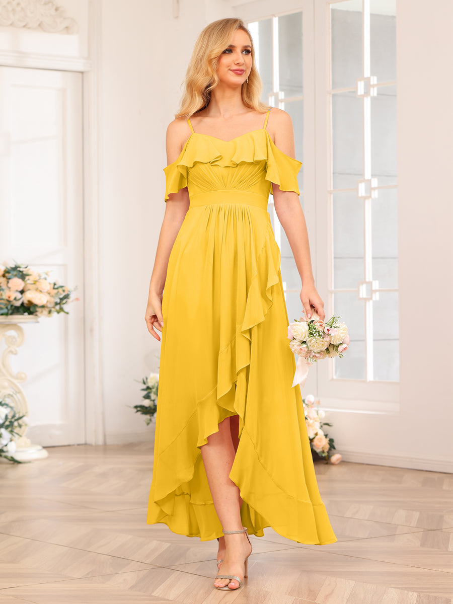 A-Line/Princess Spaghetti Straps Long Wedding Party Dresses with Ruffles Gold