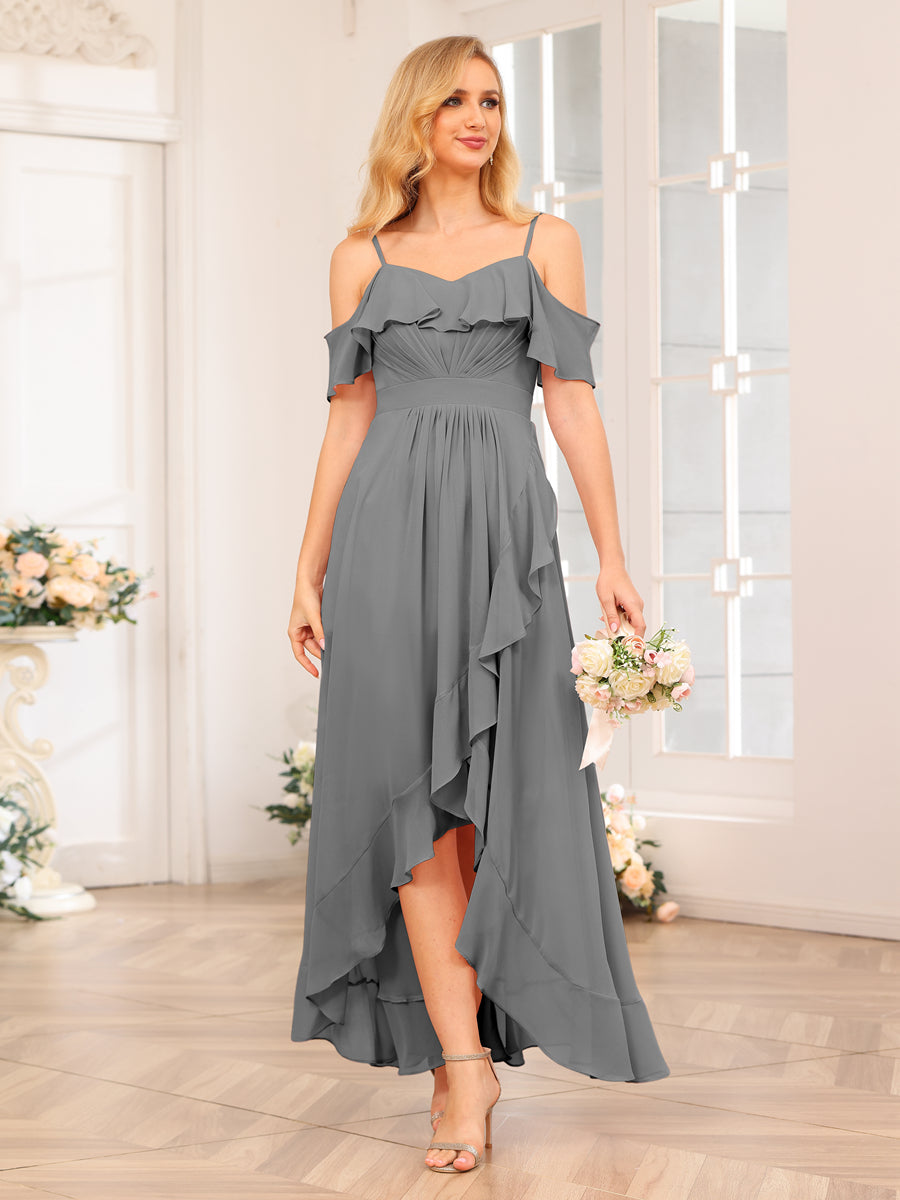 A-Line/Princess Spaghetti Straps Long Wedding Party Dresses with Ruffles Gray