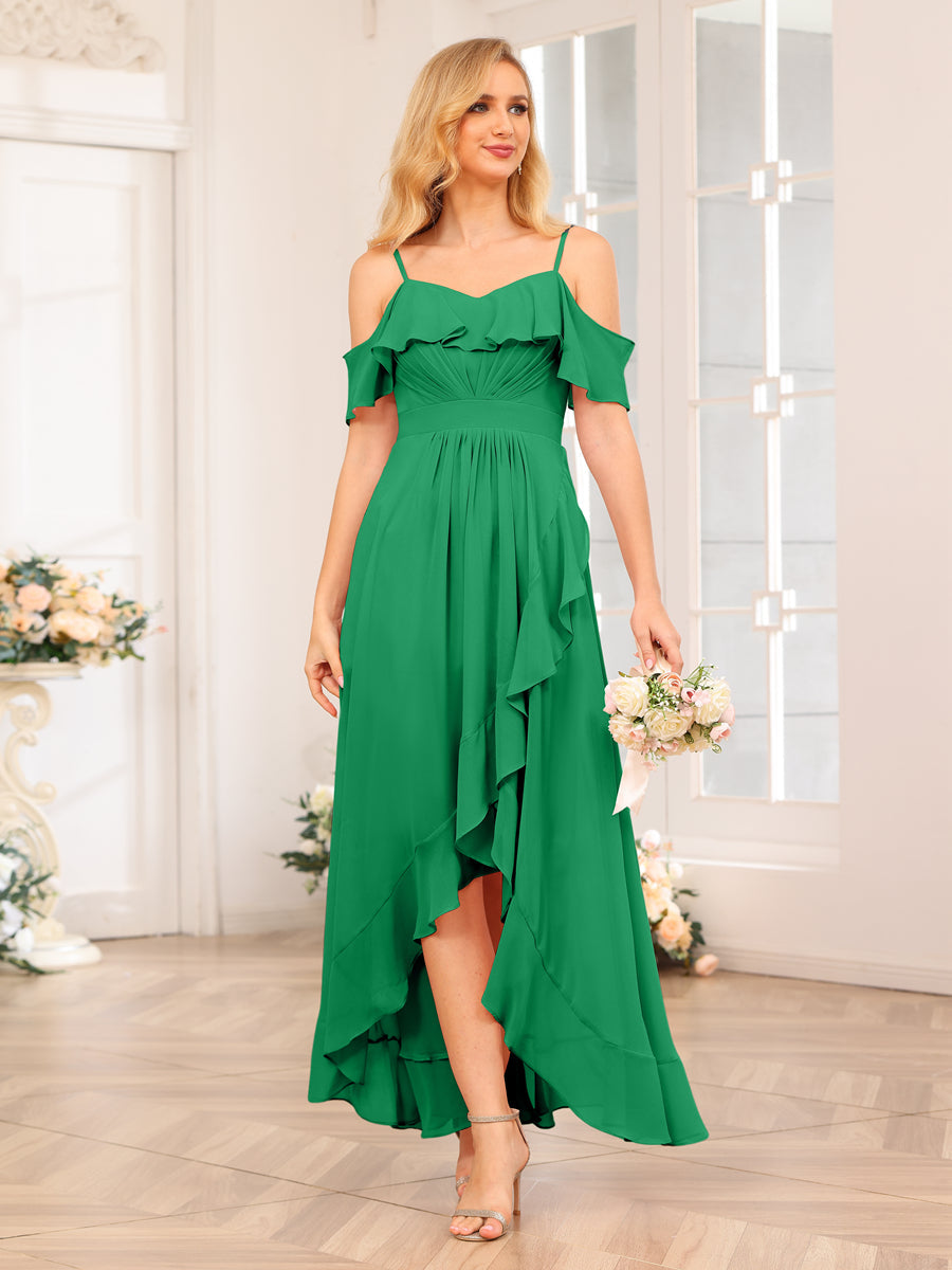 A-Line/Princess Spaghetti Straps Long Wedding Party Dresses with Ruffles Green