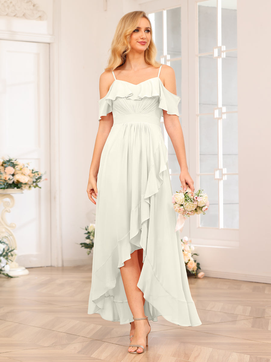 A-Line/Princess Spaghetti Straps Long Wedding Party Dresses with Ruffles Ivory