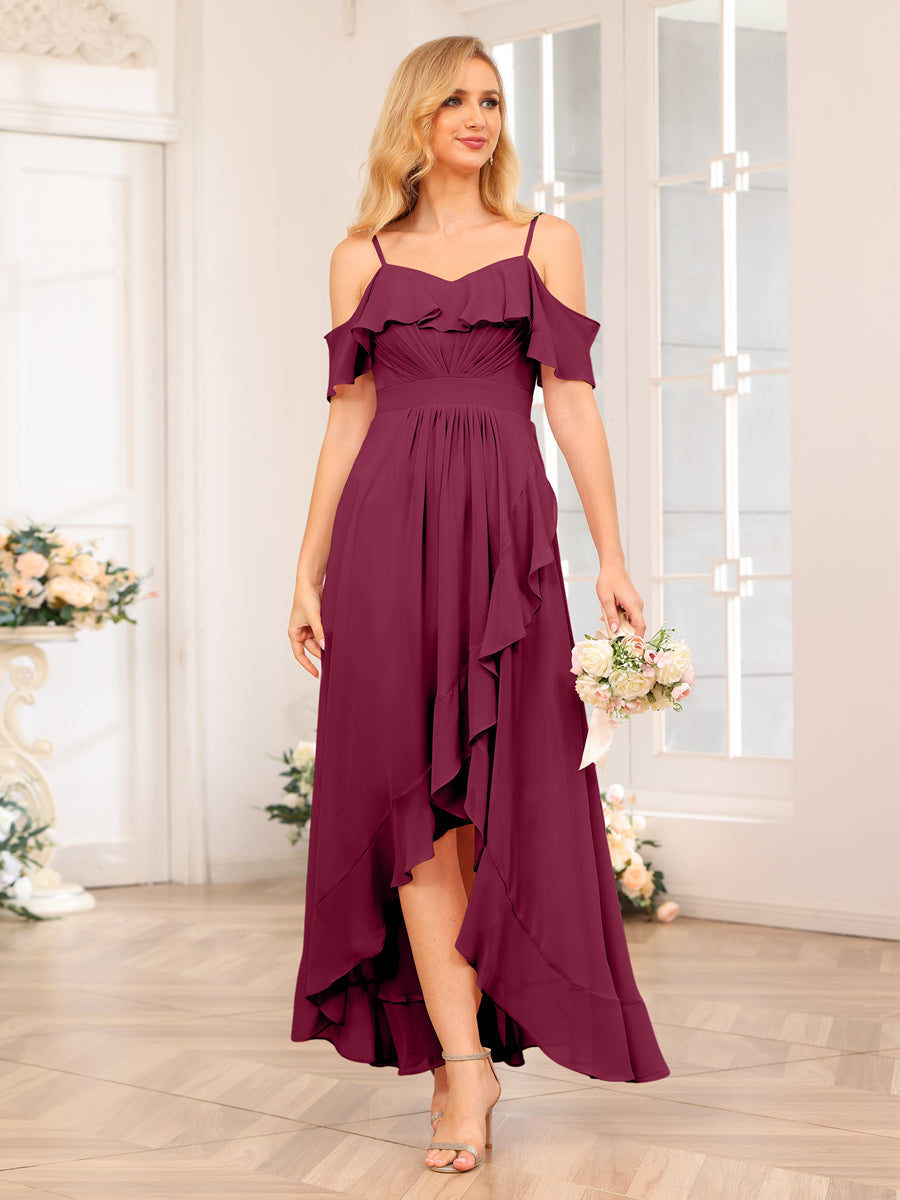 A-Line/Princess Spaghetti Straps Long Wedding Party Dresses with Ruffles Light Burgundy