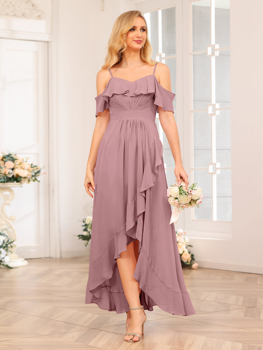 A-Line/Princess Spaghetti Straps Long Wedding Party Dresses with Ruffles Mauve