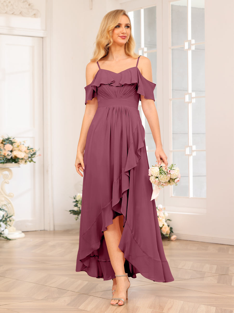 A-Line/Princess Spaghetti Straps Long Wedding Party Dresses with Ruffles Mulberry