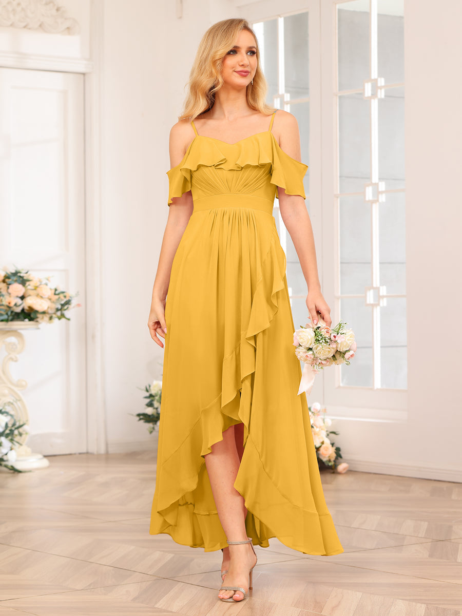 A-Line/Princess Spaghetti Straps Long Wedding Party Dresses with Ruffles Mustard Yellow