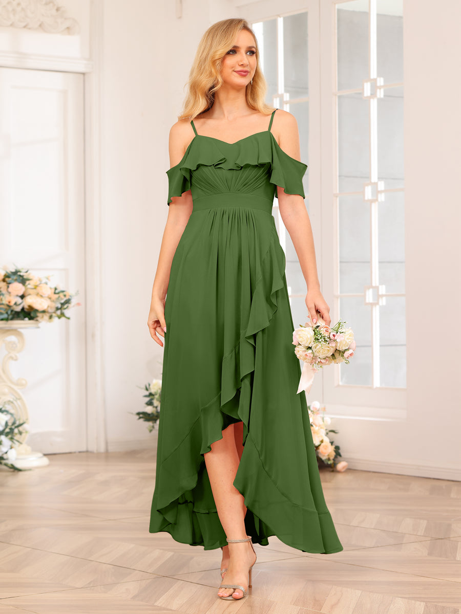 A-Line/Princess Spaghetti Straps Long Wedding Party Dresses with Ruffles Olive Green