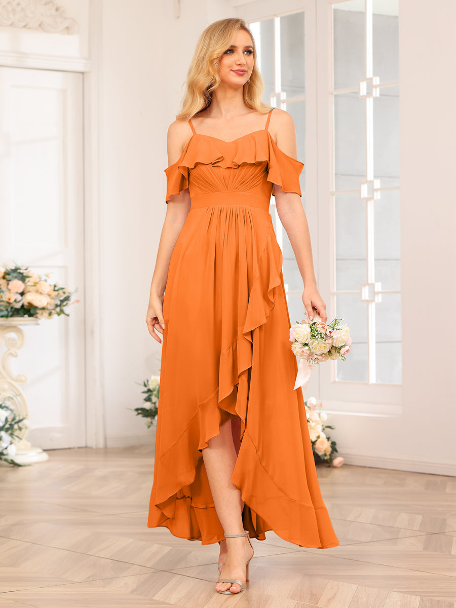 A-Line/Princess Spaghetti Straps Long Wedding Party Dresses with Ruffles Orange