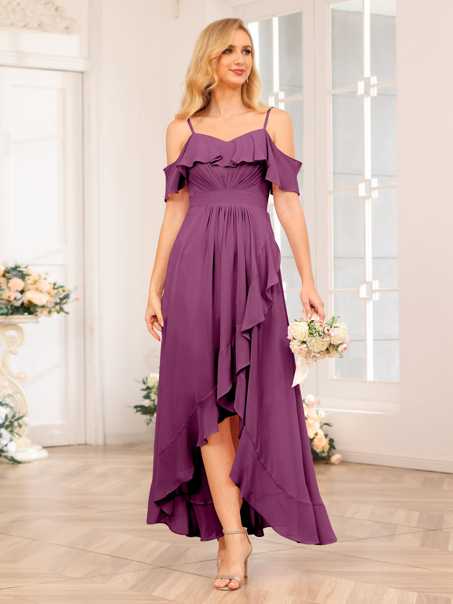 A-Line/Princess Spaghetti Straps Long Wedding Party Dresses with Ruffles Orchid