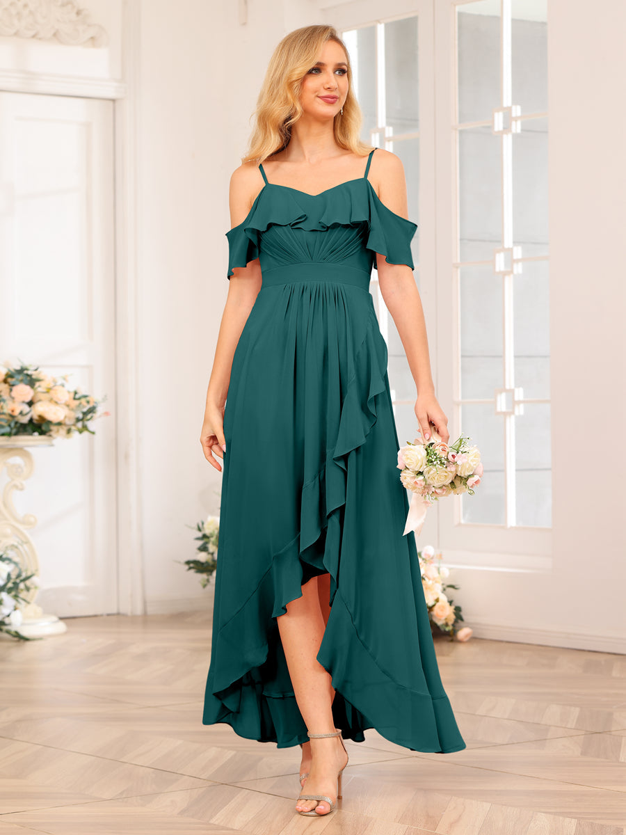 A-Line/Princess Spaghetti Straps Long Wedding Party Dresses with Ruffles Peacock