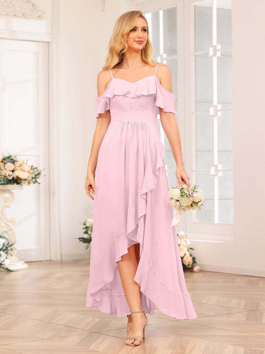 A-Line/Princess Spaghetti Straps Long Wedding Party Dresses with Ruffles Pink
