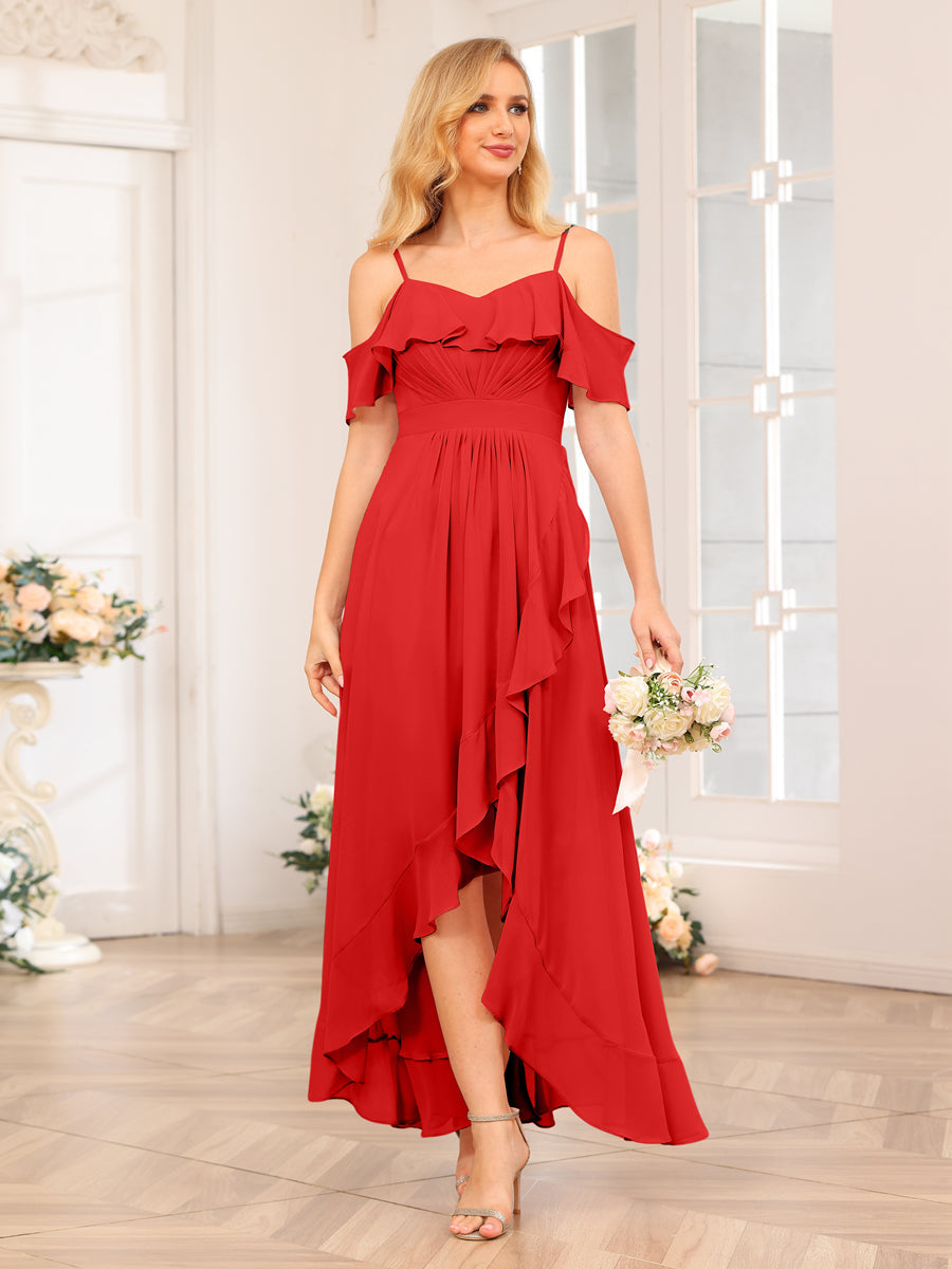 A-Line/Princess Spaghetti Straps Long Wedding Party Dresses with Ruffles Red