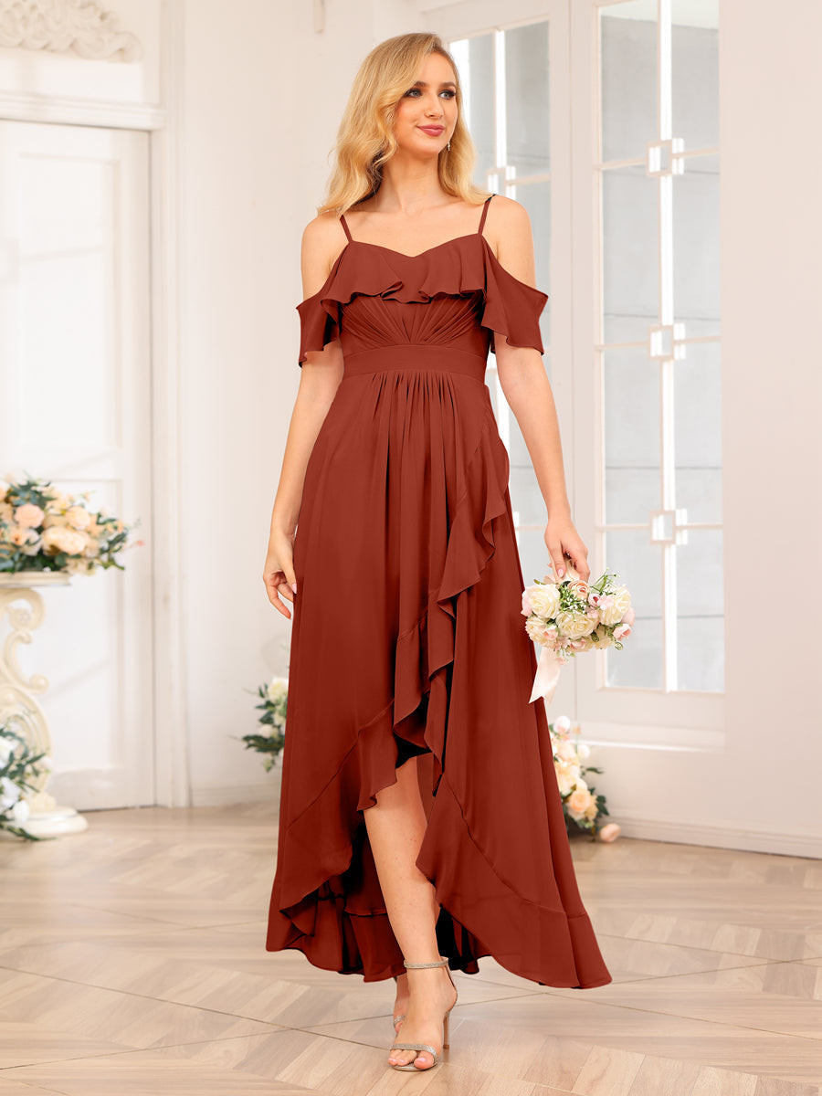 A-Line/Princess Spaghetti Straps Long Wedding Party Dresses with Ruffles Rust