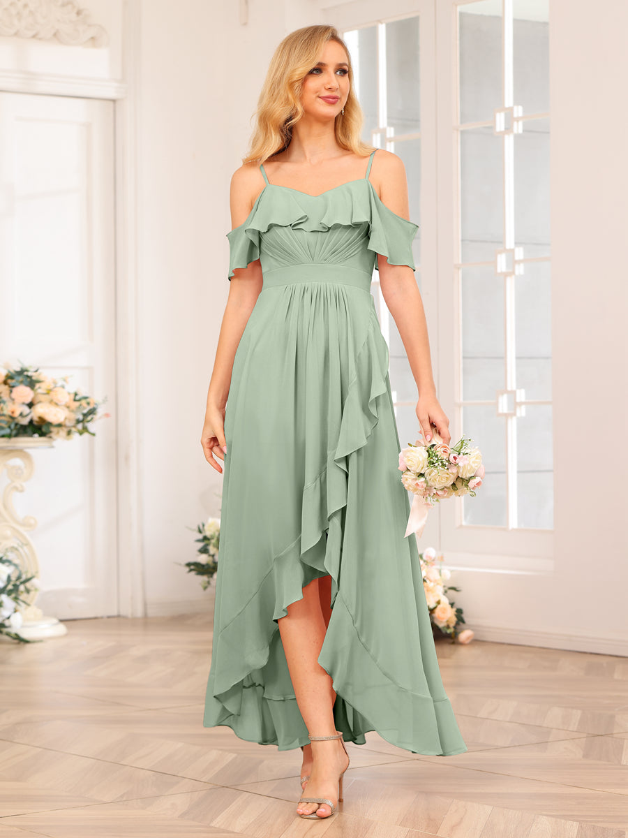 A-Line/Princess Spaghetti Straps Long Wedding Party Dresses with Ruffles Sage