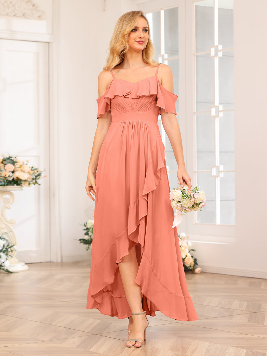 A-Line/Princess Spaghetti Straps Long Wedding Party Dresses with Ruffles Salmon