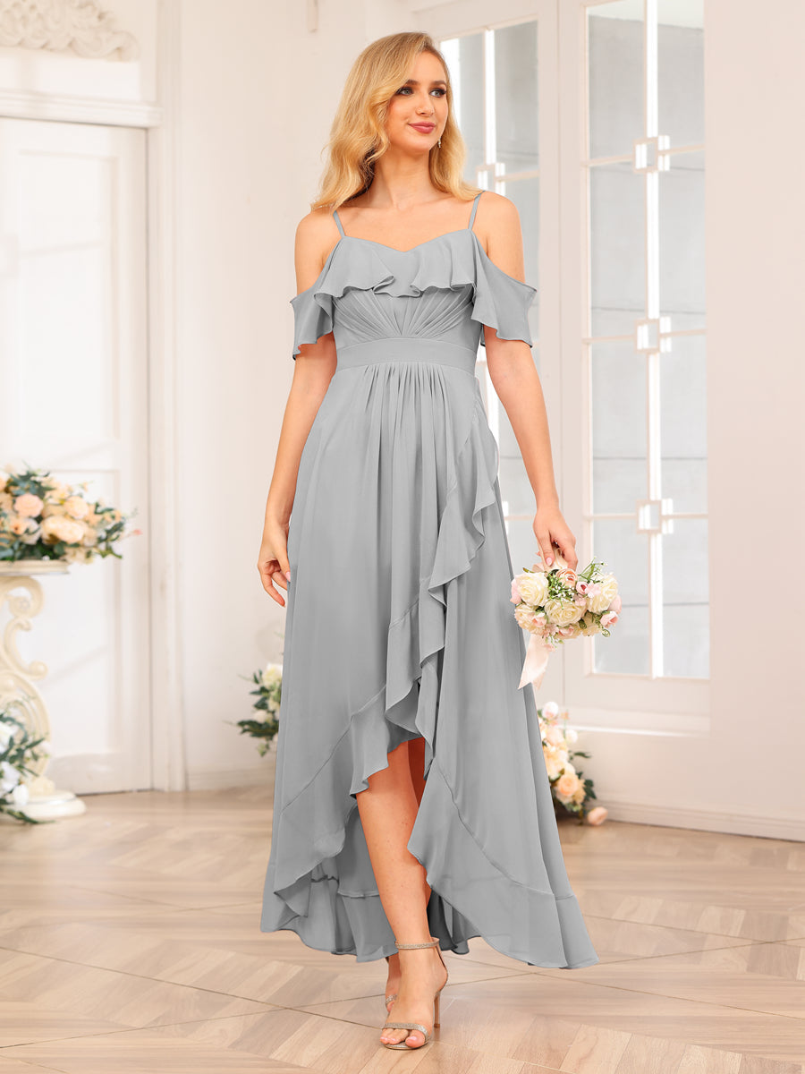 A-Line/Princess Spaghetti Straps Long Wedding Party Dresses with Ruffles Silver