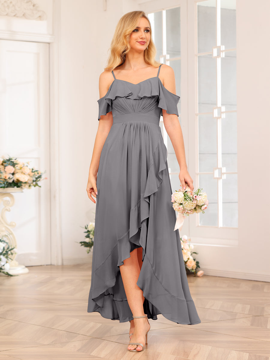 A-Line/Princess Spaghetti Straps Long Wedding Party Dresses with Ruffles Silver Gray
