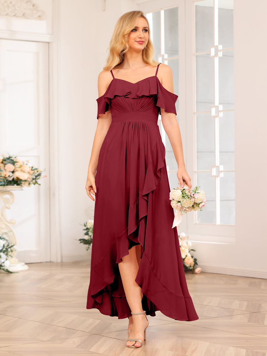 A-Line/Princess Spaghetti Straps Long Wedding Party Dresses with Ruffles Wine Red