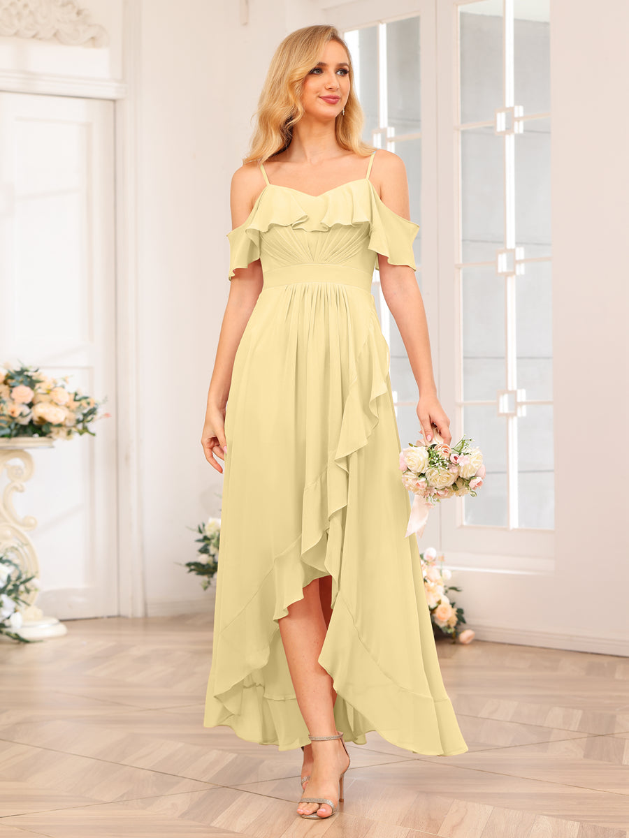 A-Line/Princess Spaghetti Straps Long Wedding Party Dresses with Ruffles Yellow