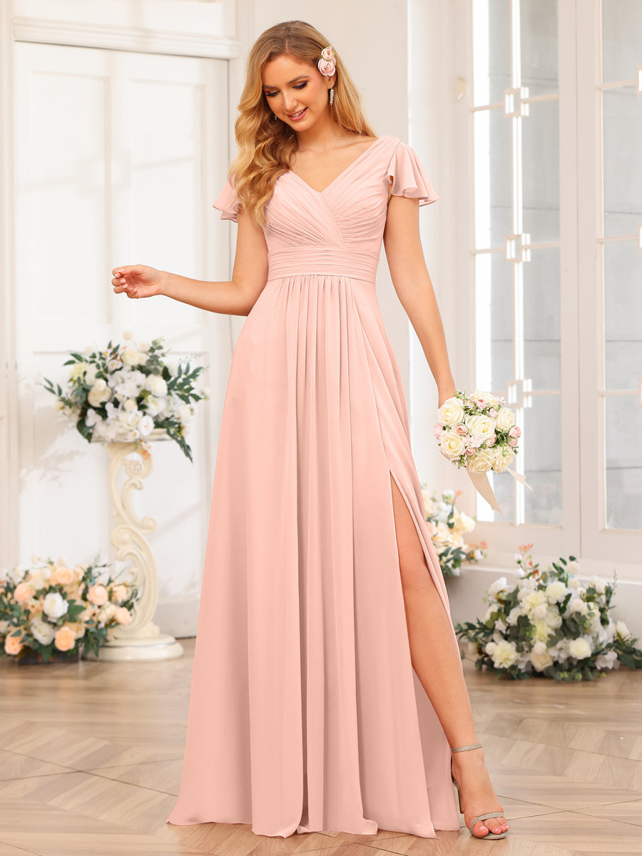 A-Line/Princess V-Neck Long Wedding Party Dresses with Split Side & Pockets Blush Pink