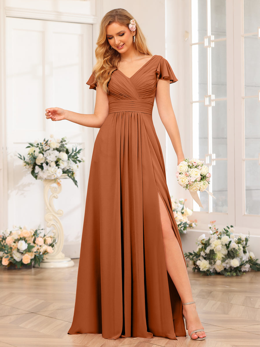 A-Line/Princess V-Neck Long Wedding Party Dresses with Split Side & Pockets Burnt Orange