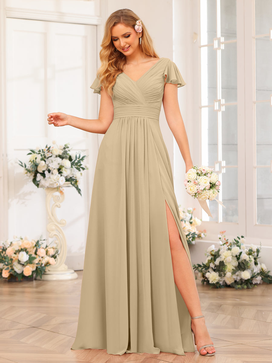 A-Line/Princess V-Neck Long Wedding Party Dresses with Split Side & Pockets Champagne