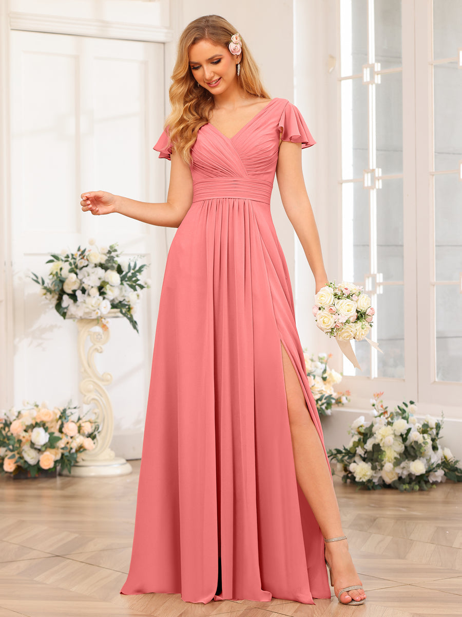 A-Line/Princess V-Neck Long Wedding Party Dresses with Split Side & Pockets Coral