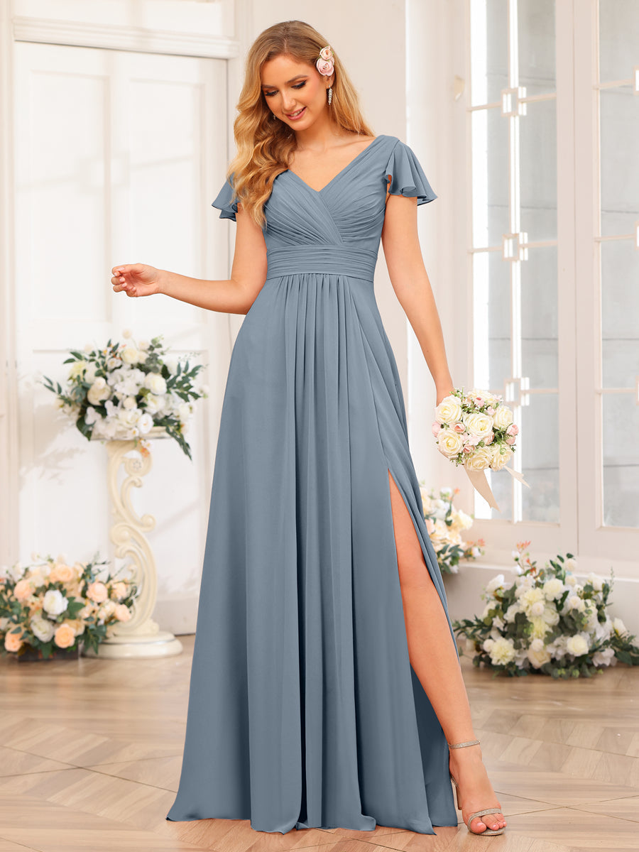 A-Line/Princess V-Neck Long Wedding Party Dresses with Split Side & Pockets Dusty Blue