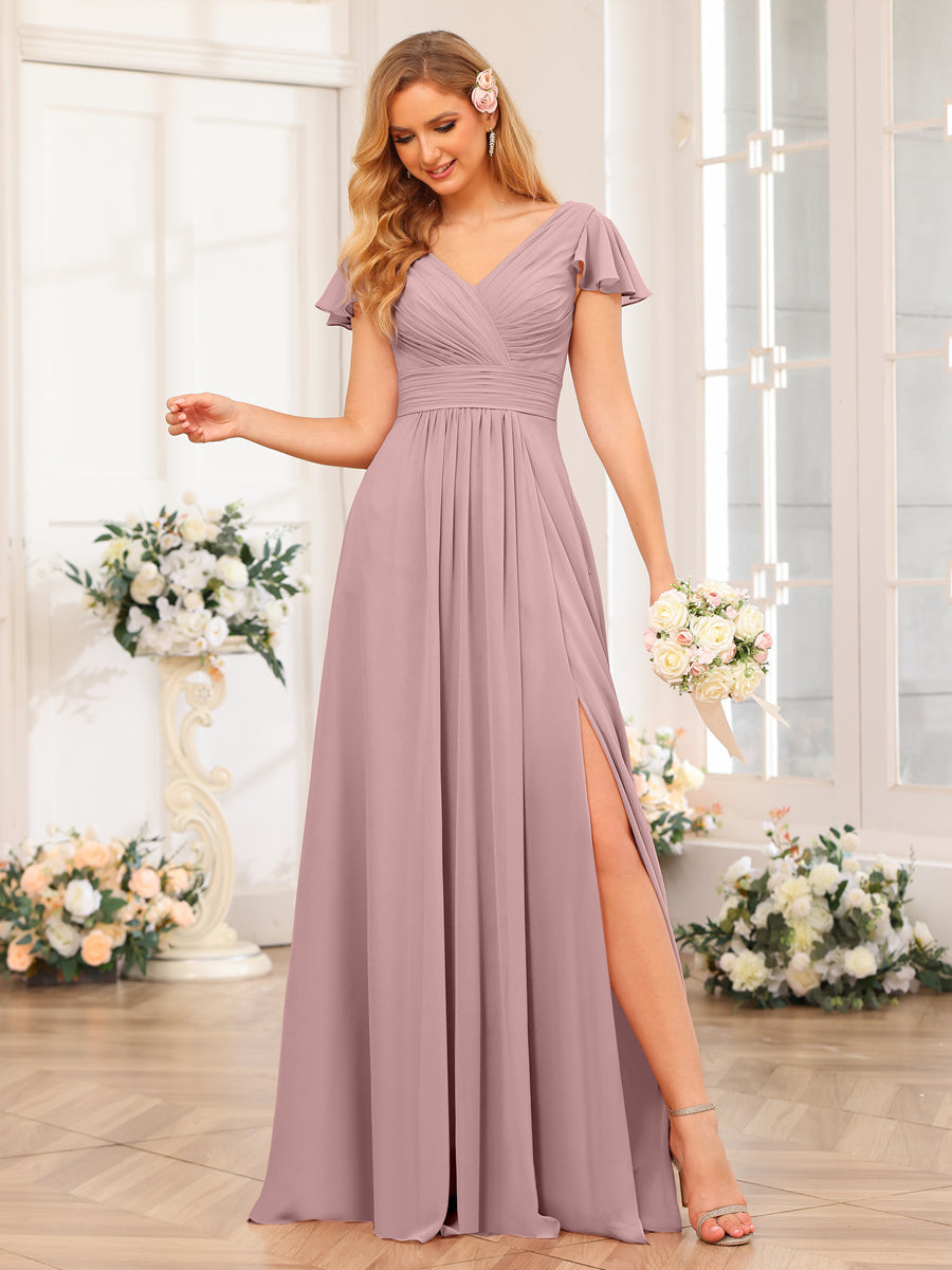 A-Line/Princess V-Neck Long Wedding Party Dresses with Split Side & Pockets Dusty Pink