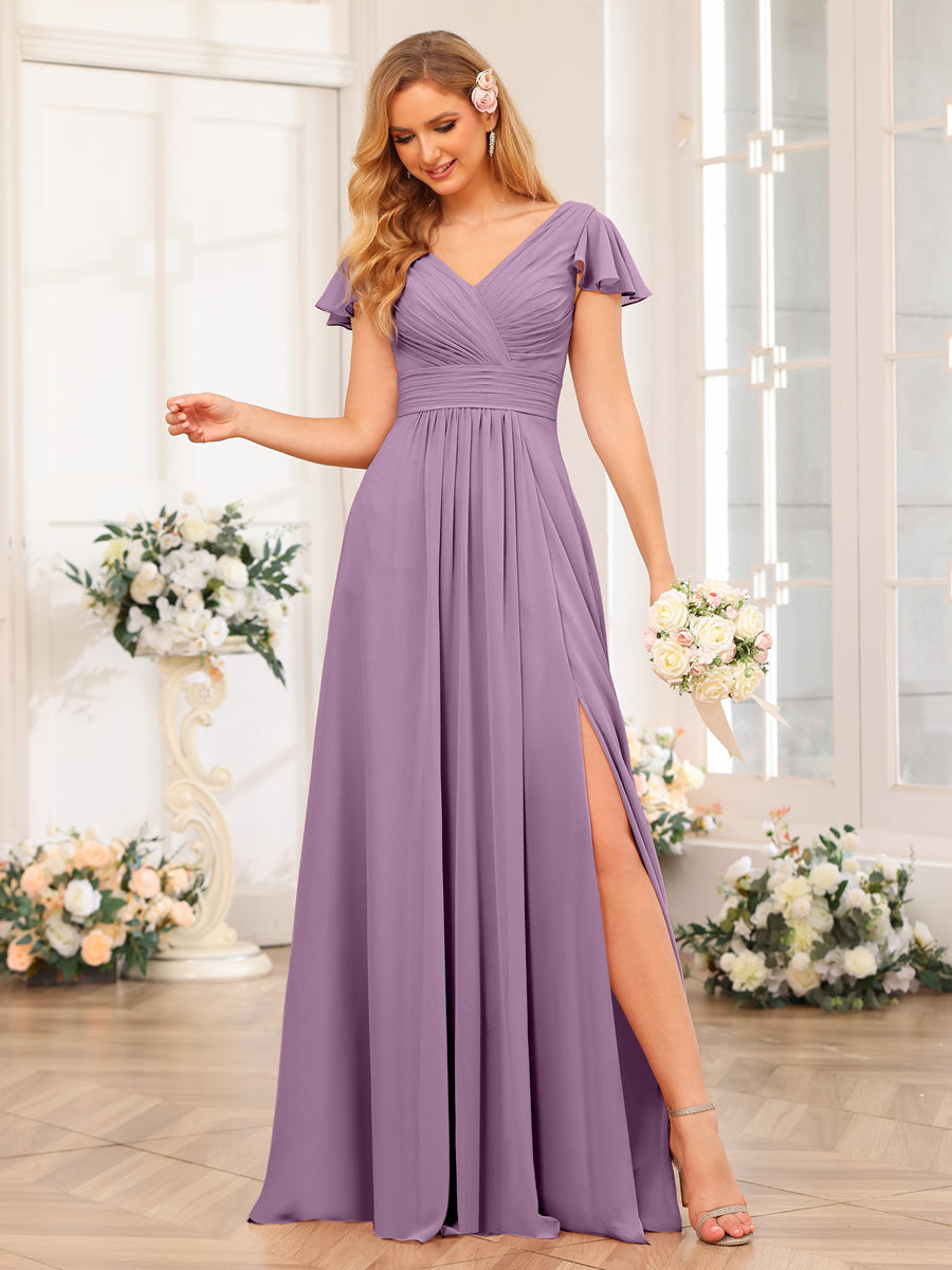 A-Line/Princess V-Neck Long Wedding Party Dresses with Split Side & Pockets Dusty Purple