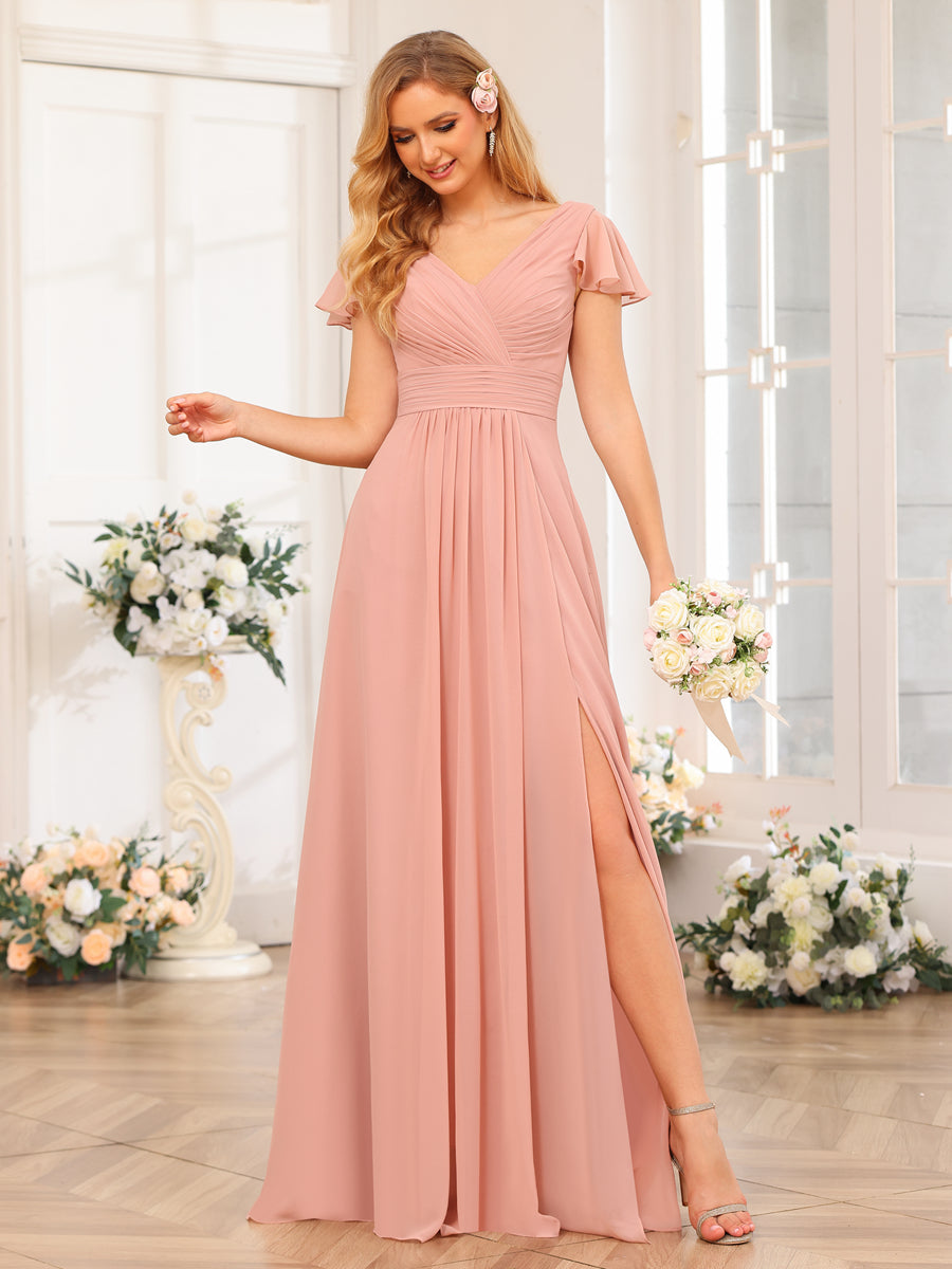 A-Line/Princess V-Neck Long Wedding Party Dresses with Split Side & Pockets Dusty Rose
