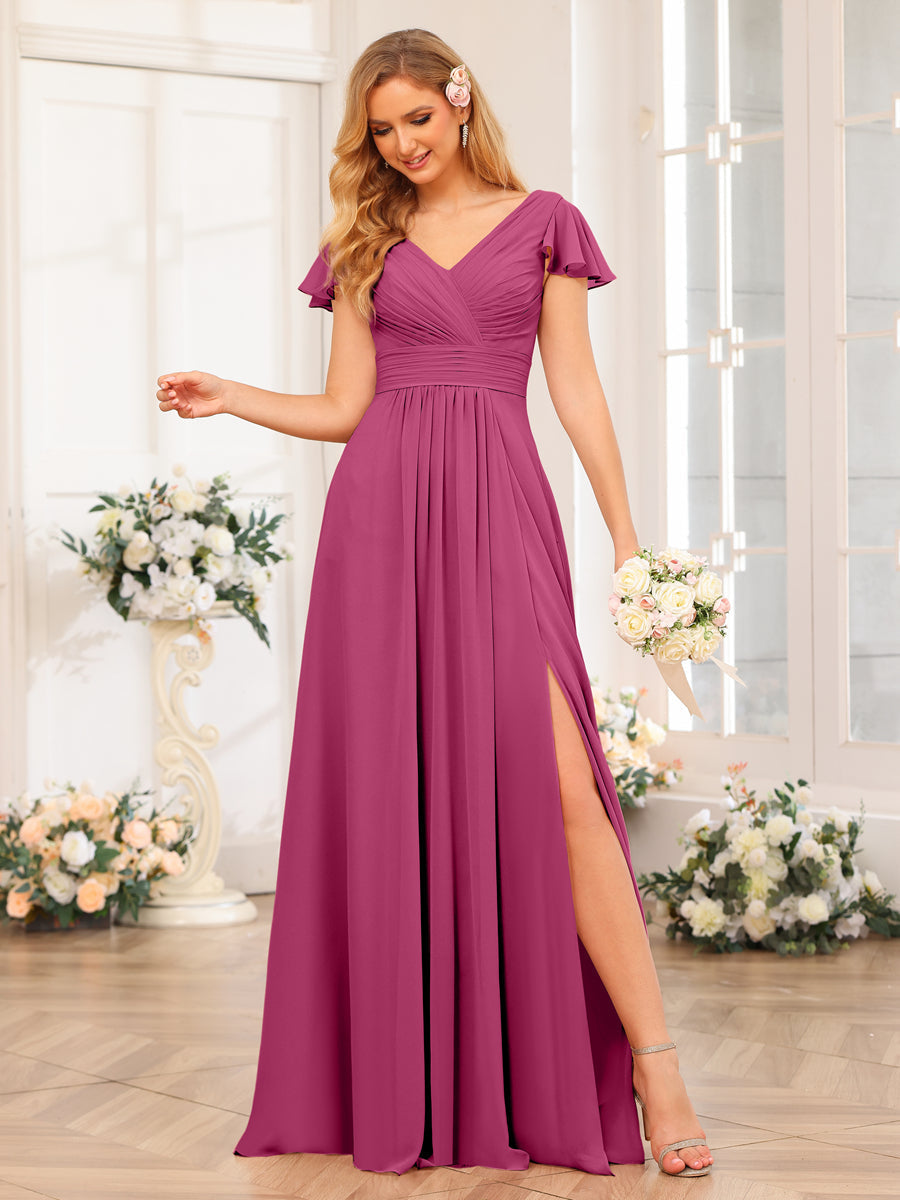 A-Line/Princess V-Neck Long Wedding Party Dresses with Split Side & Pockets Fuchsia