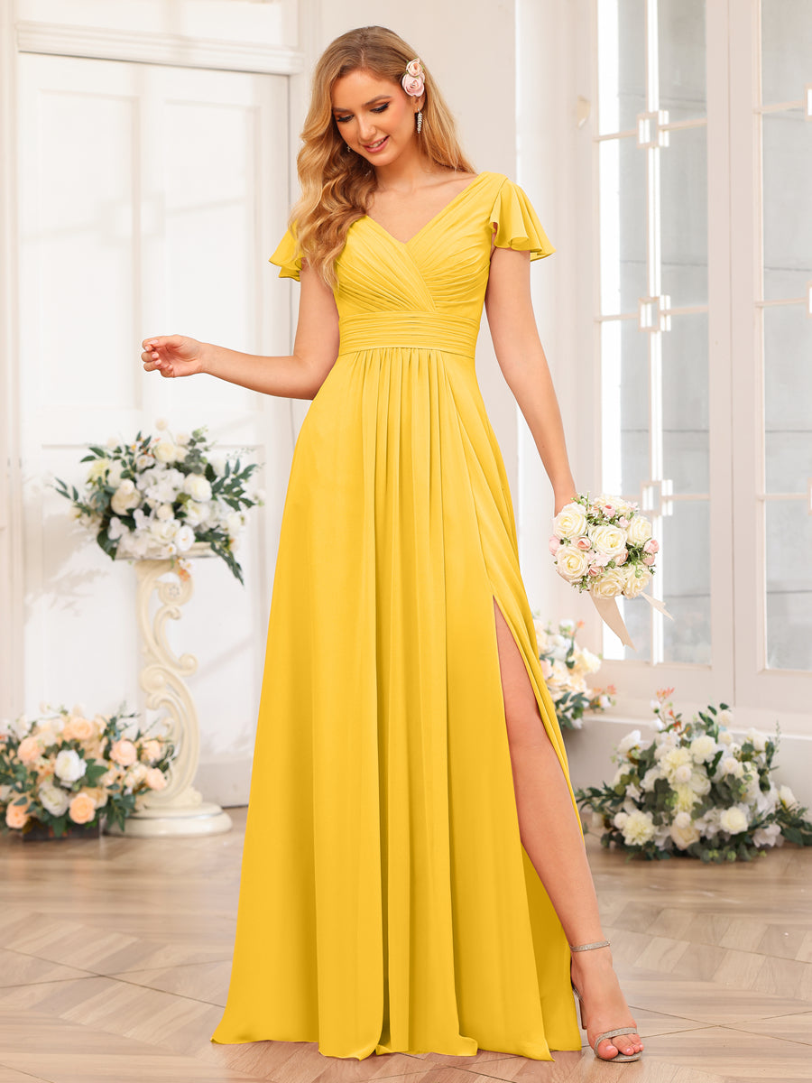 A-Line/Princess V-Neck Long Wedding Party Dresses with Split Side & Pockets Gold