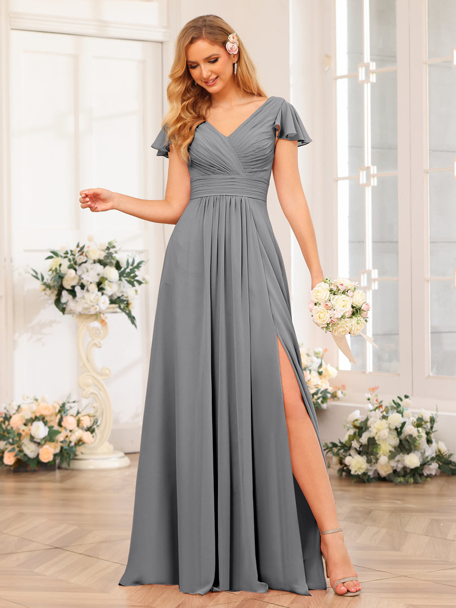 A-Line/Princess V-Neck Long Wedding Party Dresses with Split Side & Pockets Gray