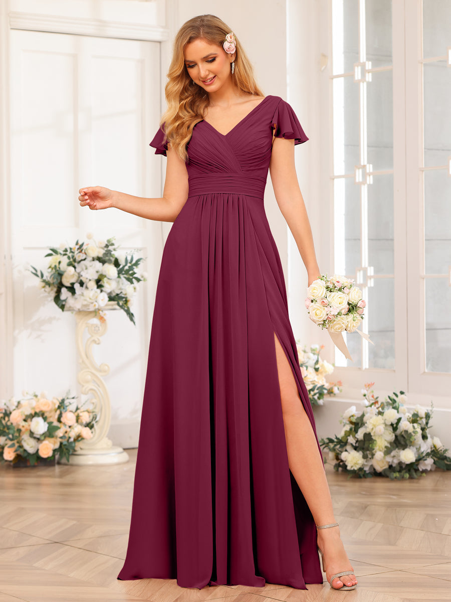 A-Line/Princess V-Neck Long Wedding Party Dresses with Split Side & Pockets Light Burgundy