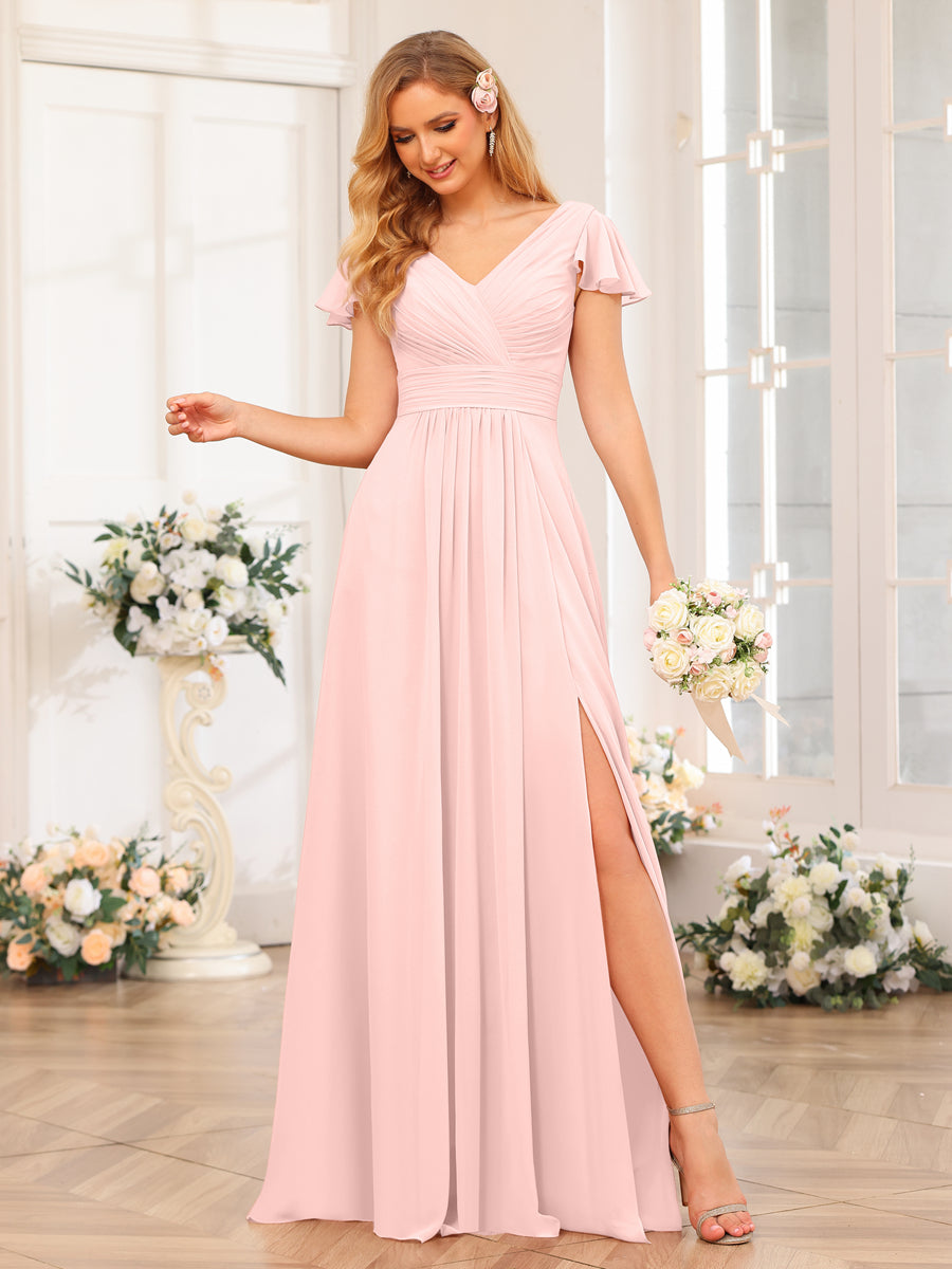 A-Line/Princess V-Neck Long Wedding Party Dresses with Split Side & Pockets Light Pink