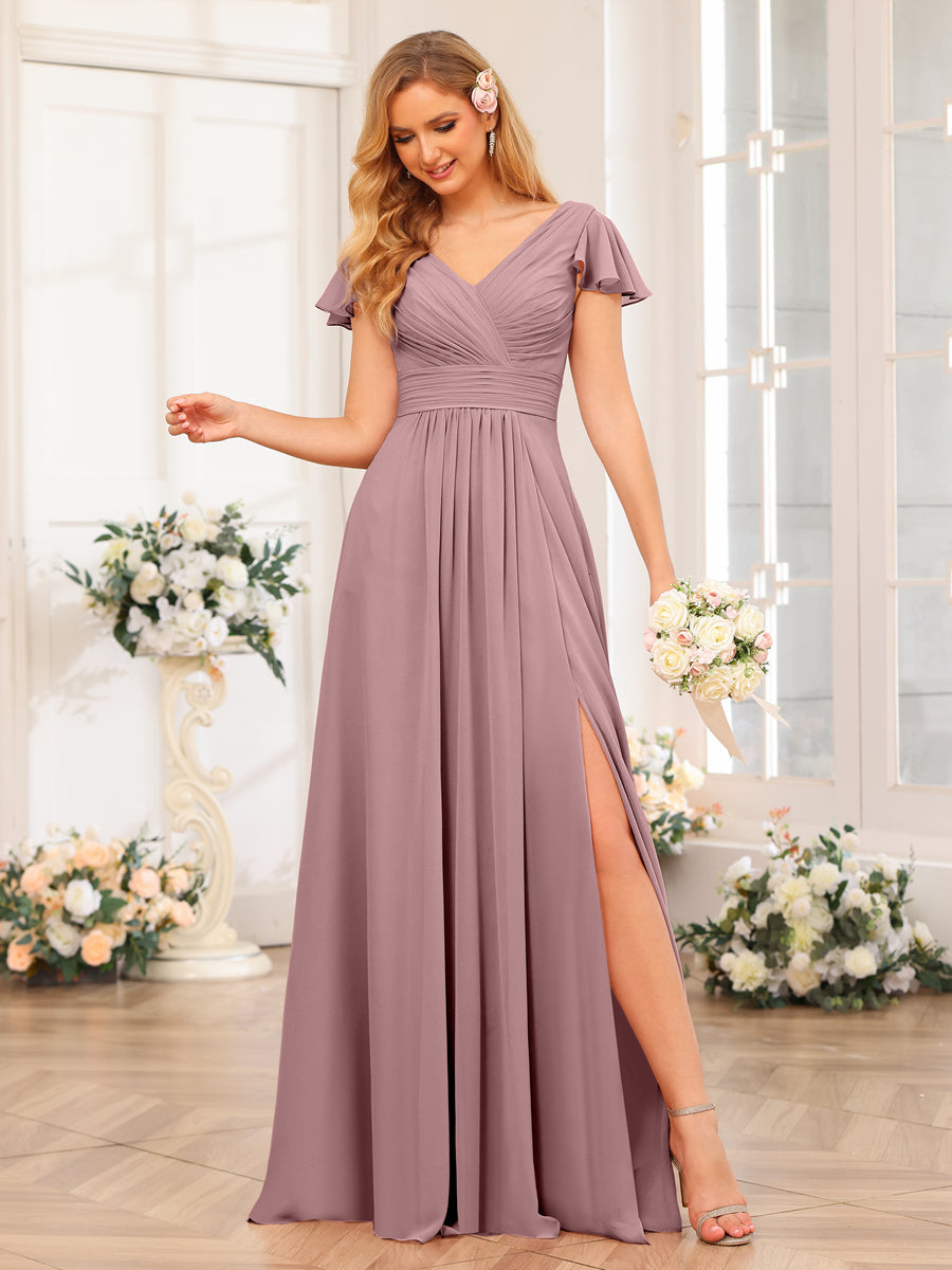 A-Line/Princess V-Neck Long Wedding Party Dresses with Split Side & Pockets Mauve
