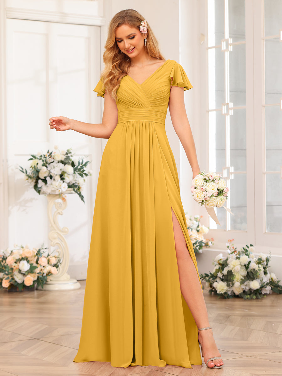 A-Line/Princess V-Neck Long Wedding Party Dresses with Split Side & Pockets Mustard Yellow