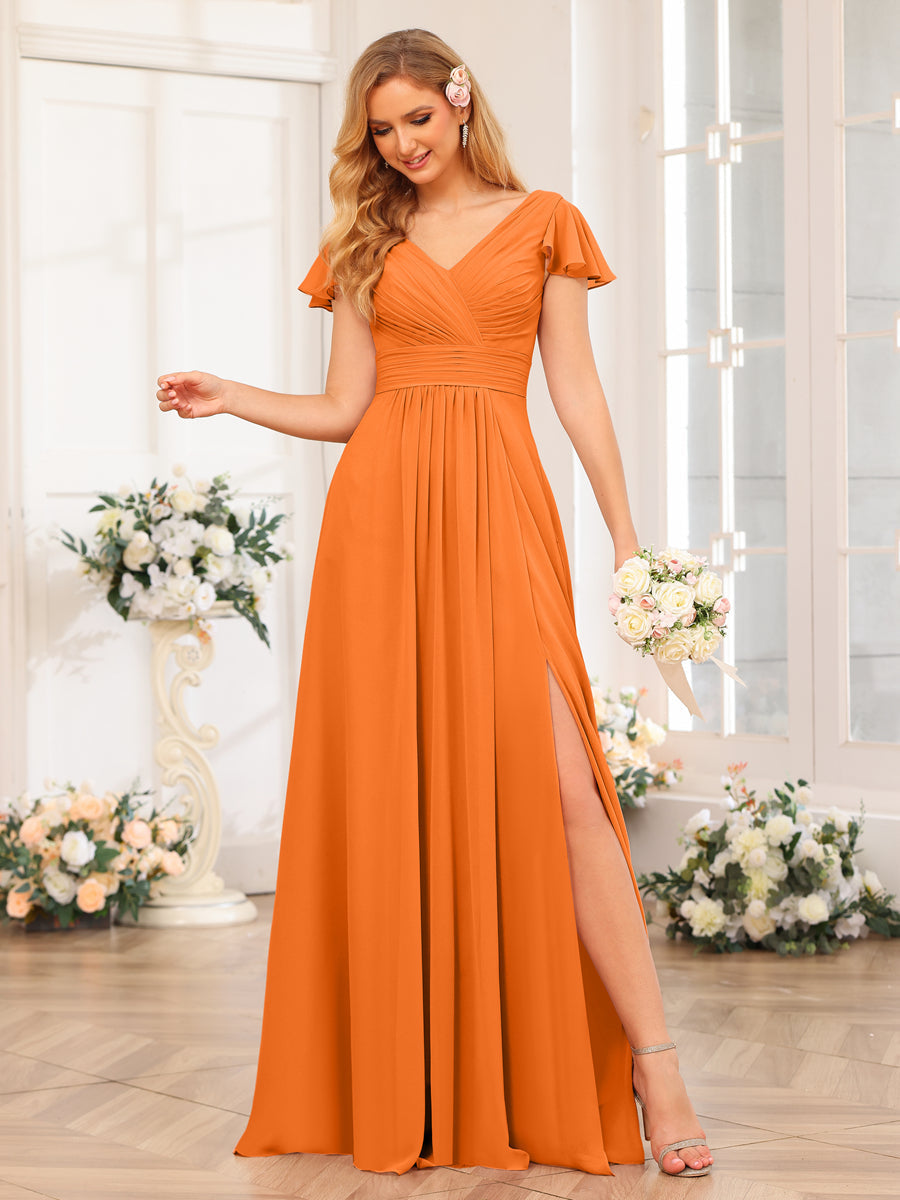 A-Line/Princess V-Neck Long Wedding Party Dresses with Split Side & Pockets Orange