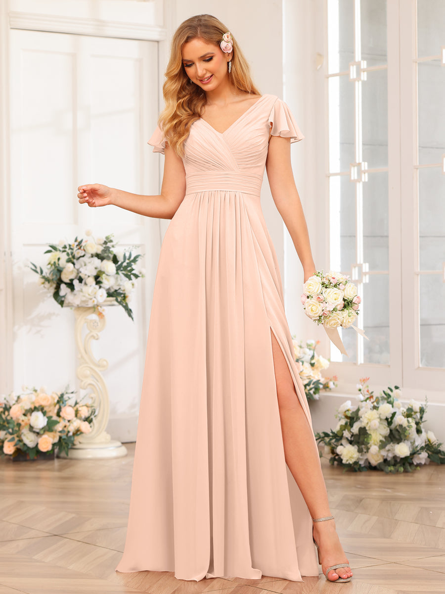A-Line/Princess V-Neck Long Wedding Party Dresses with Split Side & Pockets Peach Pink