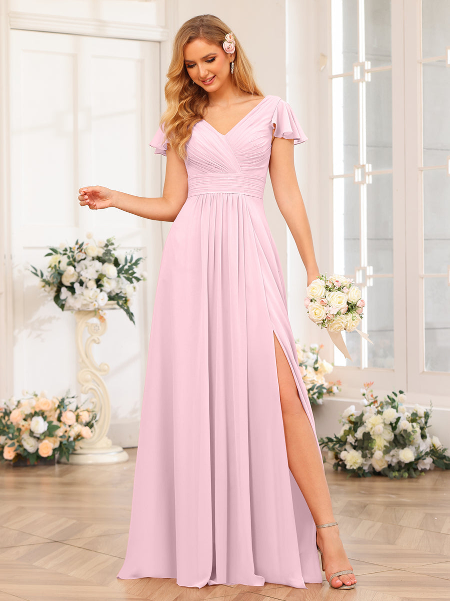 A-Line/Princess V-Neck Long Wedding Party Dresses with Split Side & Pockets Pink