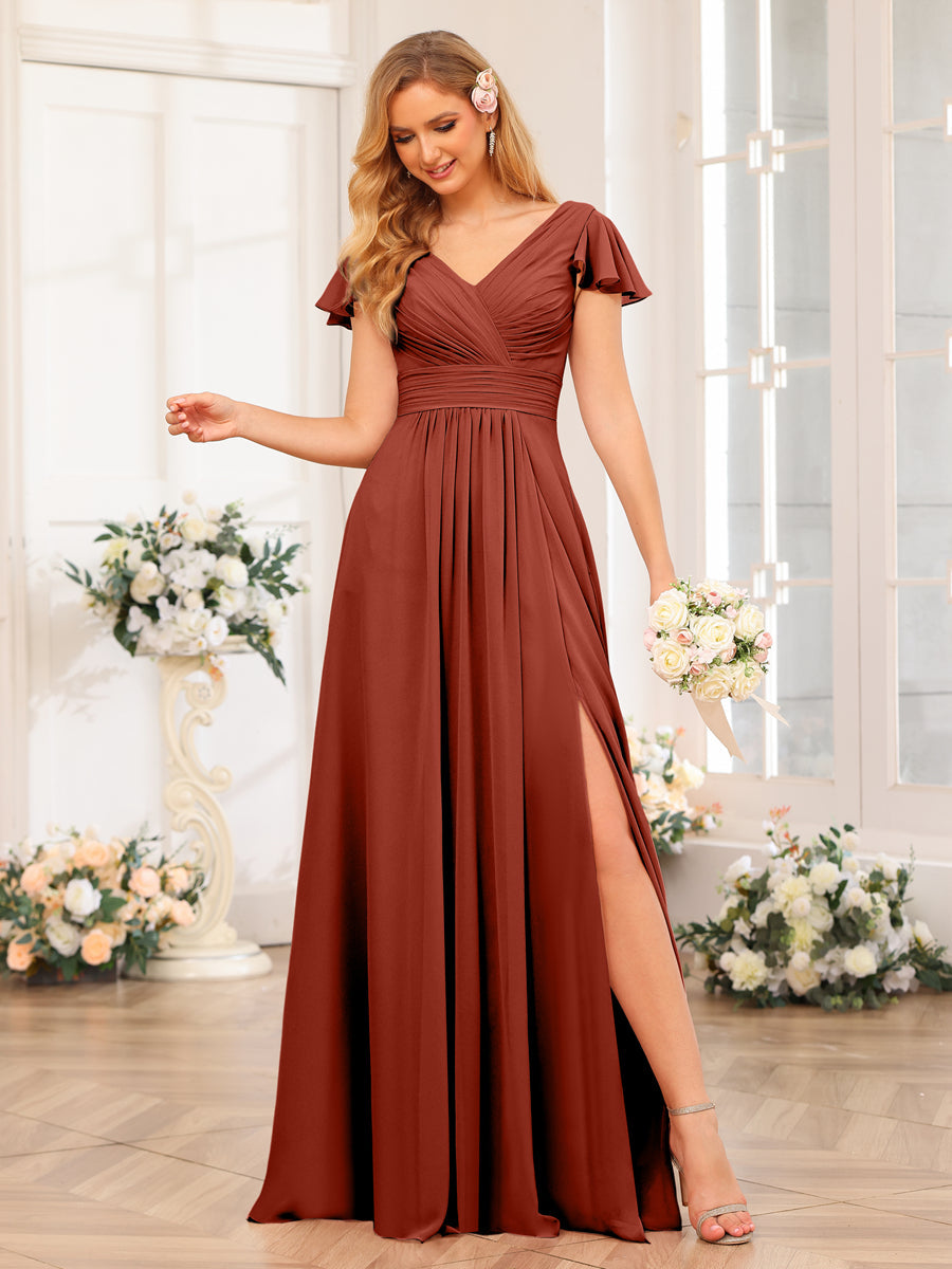 A-Line/Princess V-Neck Long Wedding Party Dresses with Split Side & Pockets Rust