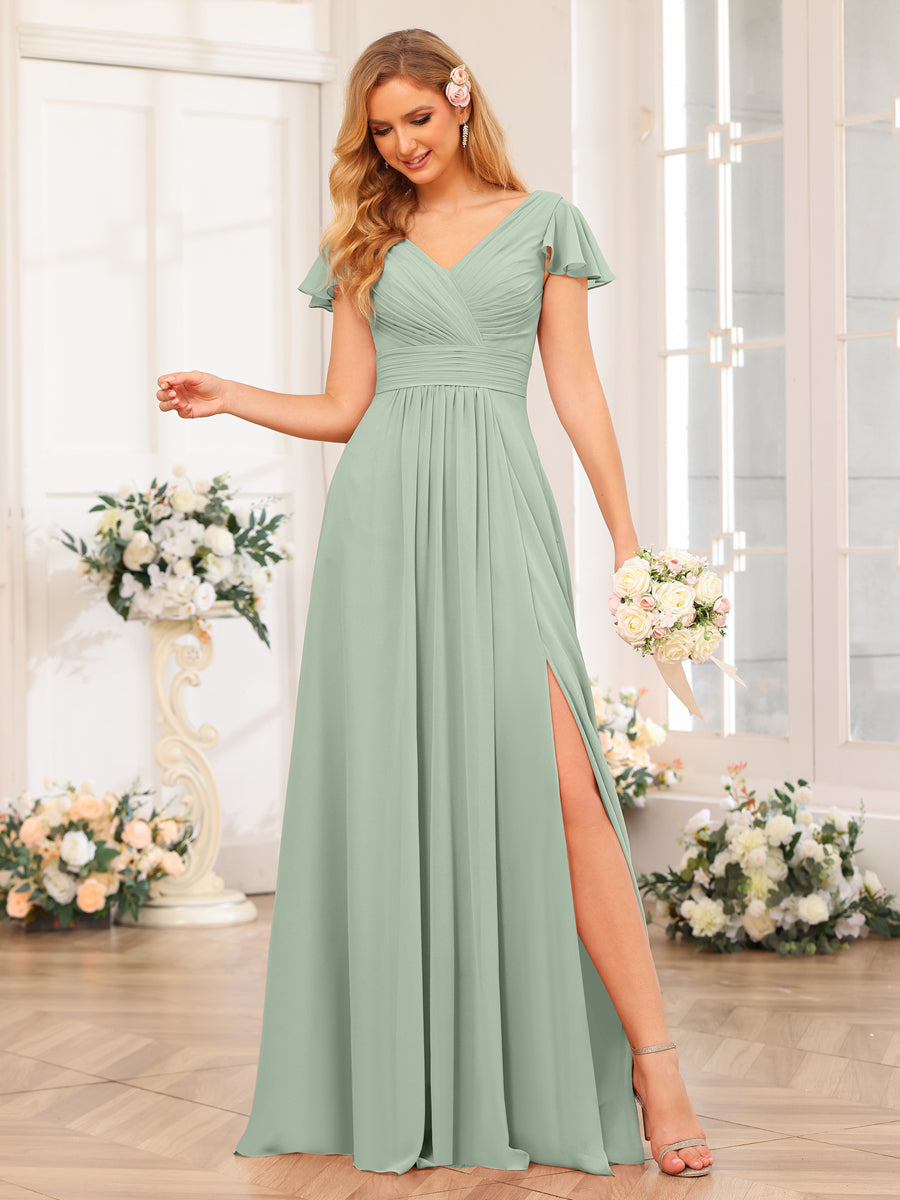 A-Line/Princess V-Neck Long Wedding Party Dresses with Split Side & Pockets Sage