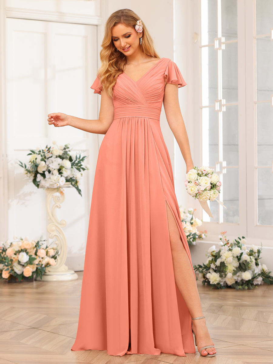 A-Line/Princess V-Neck Long Wedding Party Dresses with Split Side & Pockets Salmon