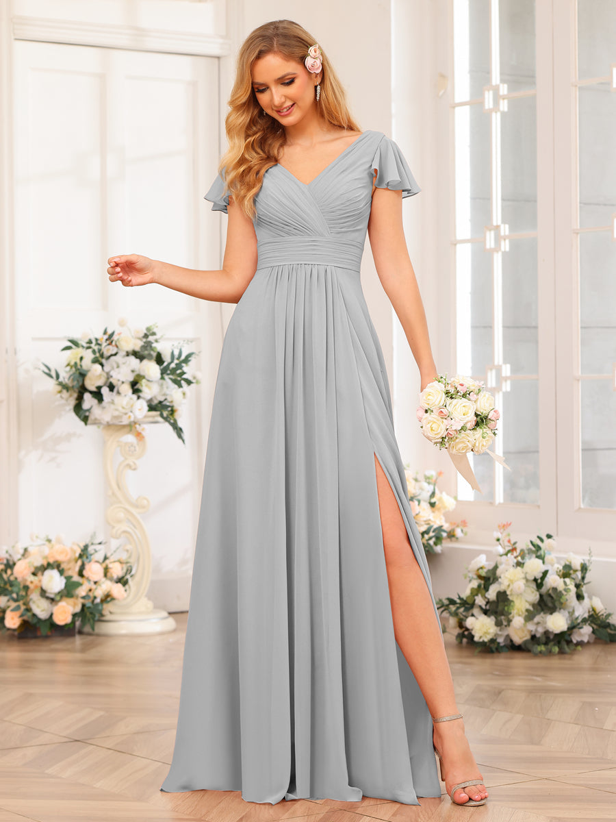 A-Line/Princess V-Neck Long Wedding Party Dresses with Split Side & Pockets Silver