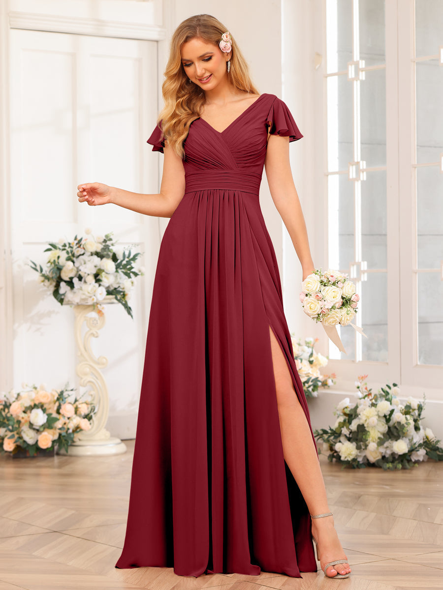 A-Line/Princess V-Neck Long Wedding Party Dresses with Split Side & Pockets Wine Red