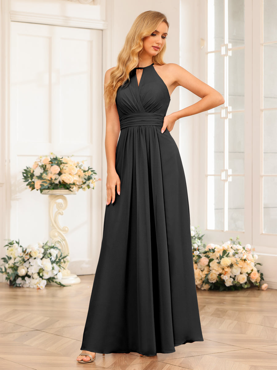 A-Line/Princess Halter Long Wedding Party Dresses with Split Side Black