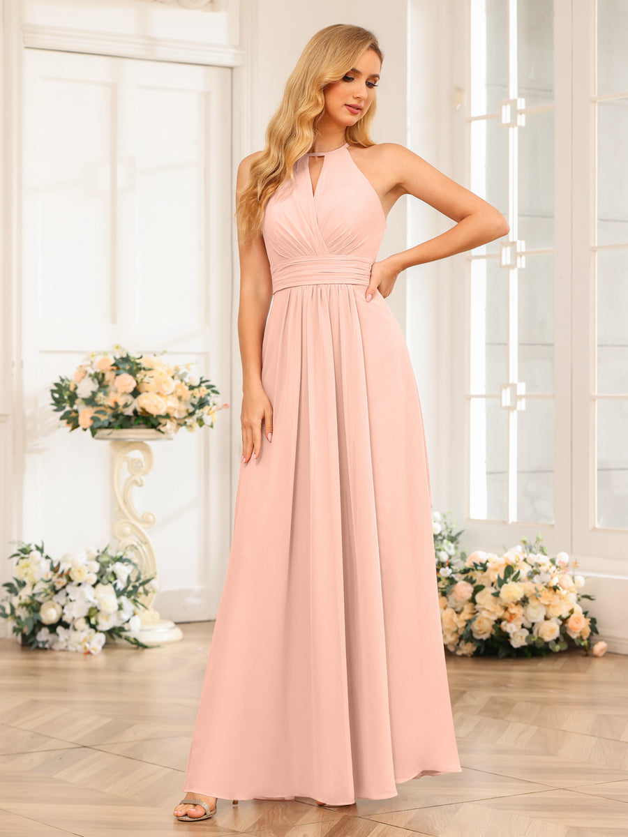 A-Line/Princess Halter Long Wedding Party Dresses with Split Side Blush Pink