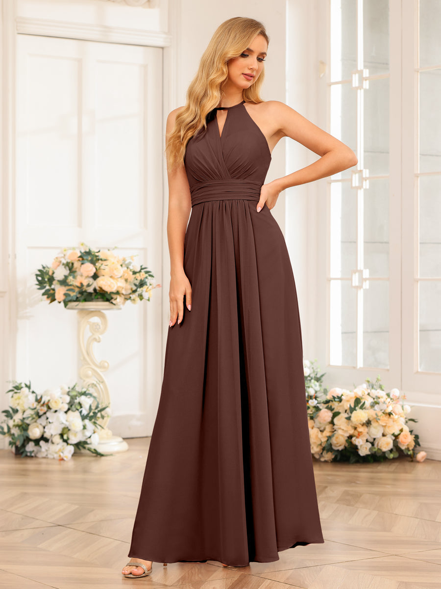A-Line/Princess Halter Long Wedding Party Dresses with Split Side Brown