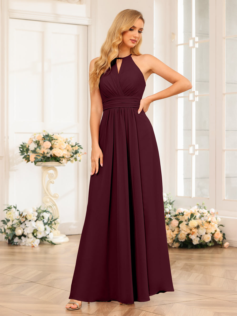 A-Line/Princess Halter Long Wedding Party Dresses with Split Side Burgundy