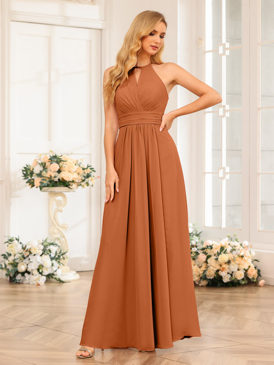 A-Line/Princess Halter Long Wedding Party Dresses with Split Side Burnt Orange