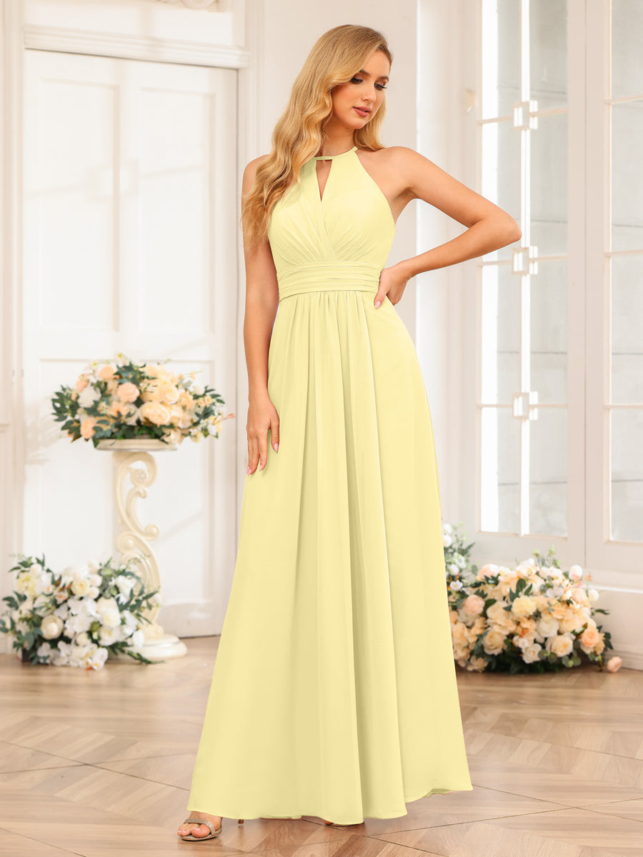 A-Line/Princess Halter Long Wedding Party Dresses with Split Side Canary